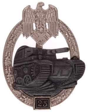 Wehrmacht Silver Tank Assault Badge 25 Engagements