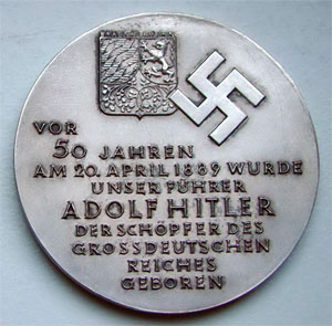 Adolf Hitler 50th Birthday Medal - 60mm Silver April 20, 1889-1939