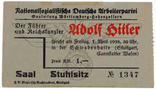 1938 Hitler Speech Ticket