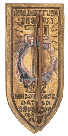 1929 NSDAP Schwäbischer Gautag Augsburg event badge with Deutschland Erwache motto, brass tinnie with swastika and oak-cone emblem, original pin