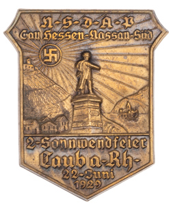 Obverse Bronze 1929 NSDAP Gau Hessen-Nassau Süd solstice event badge depicting the Wacht am Rhein monument at Kaub.