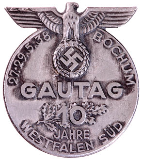 10 Year Anniversary Badge Gautag Westfalen Sud in Bochum May 27-29, 1938